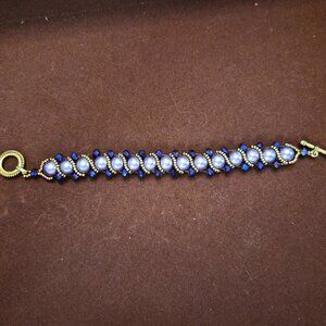 Handcrafted Blue Purple Cabochon Beaded Bracelet 8” Gold Tone Toggle Closure